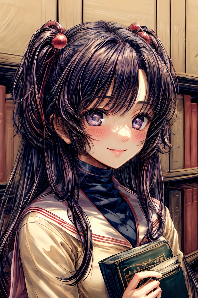 ((masterpiece)), (best quality), (perfect face), (extreme detailed face), (extreme detailed eyes) 1girl, (((Kotomi))), full face, long hair, beautiful eyes, blush, solid pupils, library, holding a book, ((slight smile)), (official art, extreme detailed, intricated details)