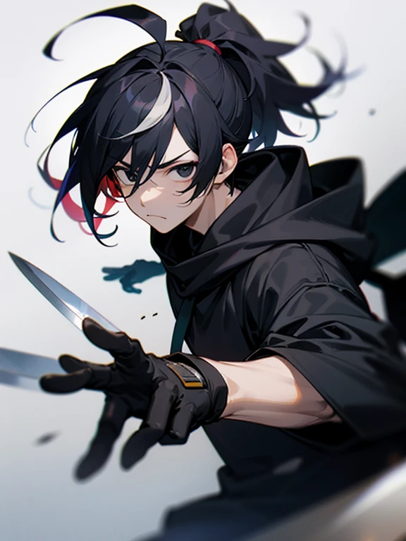 Masterpiece, best quality, expressive eyes, perfect face, 1boy, male focus, black hair, ahoge, streaked hair, black eyes, no pupils, frown, scarf, black hoodie, knife, holding_object, ponytail, gloves