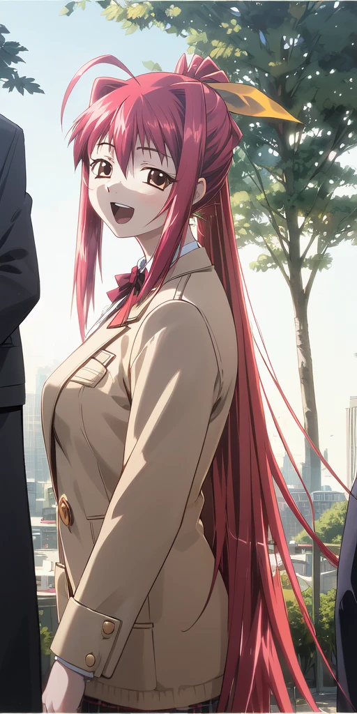 masterpiece, best quality, absurdres, (anime screencap, flat color:0.7),
mizuki_narumi, 1girl, solo focus, brown eyes, red hair, long hair, very long hair, hair intakes, ponytail, ahoge, hair ribbon, yellow ribbon, large breasts, blazer, , long sleeves, bow, red ribbon, plaid skirt, pleated skirt, thighhighs, shiny skin,
natural lighting, soft lighting, backlighting, intricate shadow, hdr, volumetic lighting, highly detailed background, messy background, (twightlight:1.3)
outdoors, cityscape, park, tree, standing, from side, zettai ryouiki,
open eyes, open mouth, smile, looking at viewer