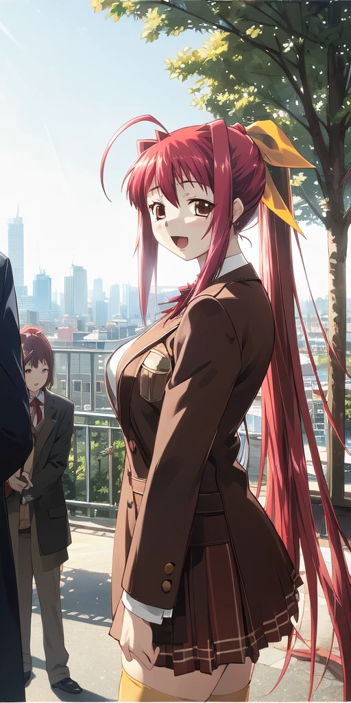 masterpiece, best quality, absurdres, (anime screencap, flat color:0.7),
mizuki_narumi, 1girl, solo focus, brown eyes, red hair, long hair, very long hair, hair intakes, ponytail, ahoge, hair ribbon, yellow ribbon, large breasts, blazer, , long sleeves, bow, red ribbon, plaid skirt, pleated skirt, thighhighs, shiny skin,
natural lighting, soft lighting, backlighting, intricate shadow, hdr, volumetic lighting, highly detailed background, messy background, (twightlight:1.3)
outdoors, cityscape, park, tree, standing, from side, zettai ryouiki,
open eyes, open mouth, smile, looking at viewer