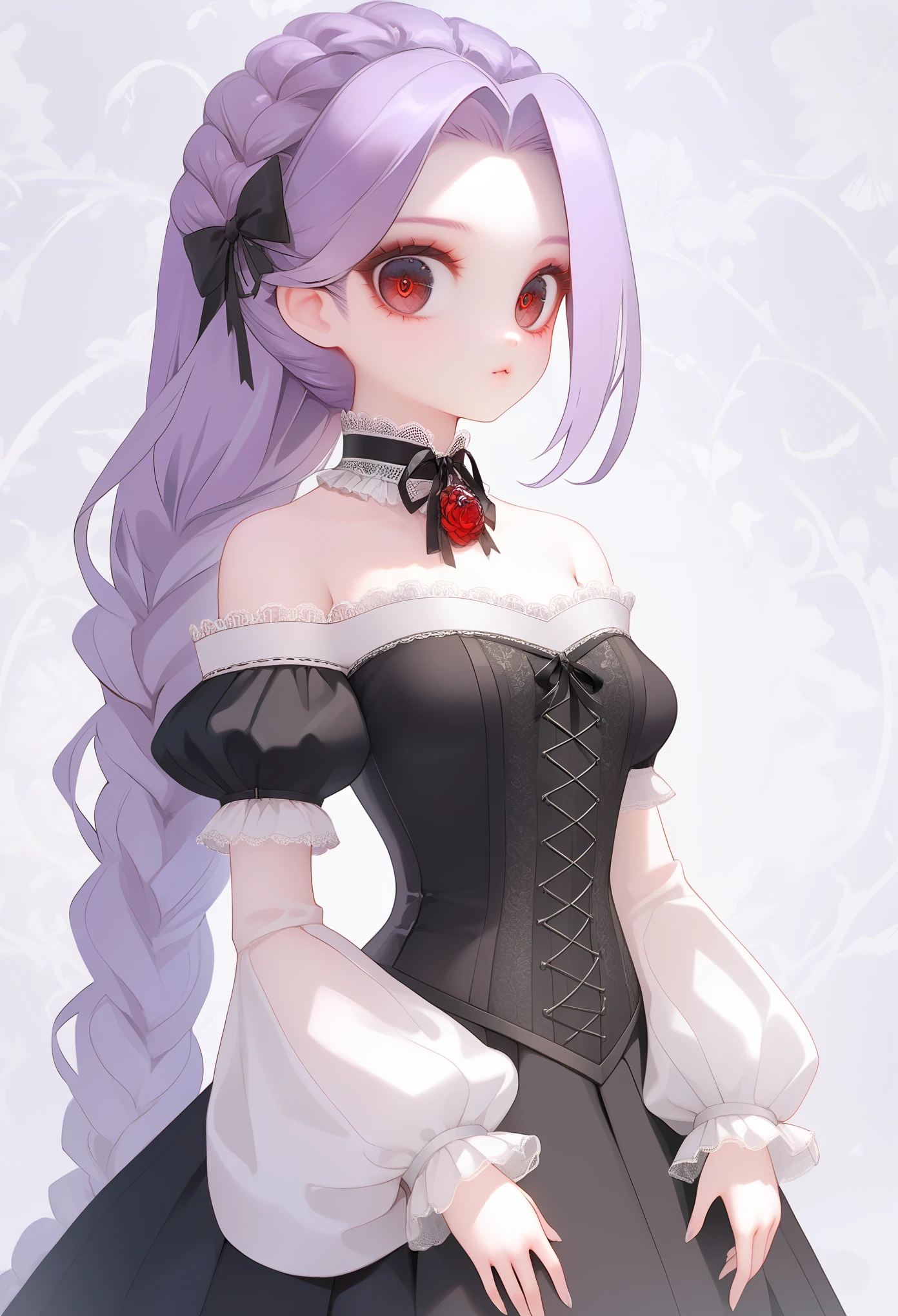 masterpiece, illustration, best quality, menacingjojo, cg, wallpaper, 1girl, solo, light purple hair, long hair, french braid, single sidelock, red eyes, multicolored eyes, small breasts, flat chest, , victorian dress, embellished dress, black dress, corset, neckwear, off-shoulder dress, frills, doll, doll joints, dynamic pose, leaning back, from below, looking down, looking at viewer, arms behind back, text, upper body, portrait, cold, neutral