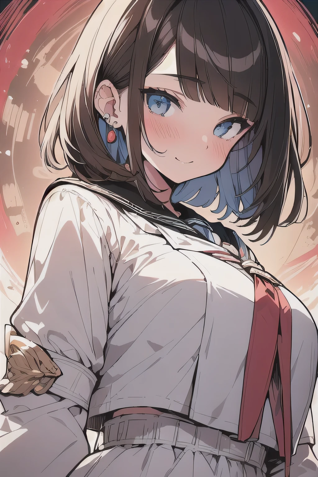 (best quality), (Super detailed), (Best Illustration), (masterpiece), (woman), own hands clasped, {(white serafuku:1.2)}, (large breasts:1.2), {brown hair, (sideburns), (bob cut:1.3), curly hair, hairs between eyes, colored inner hair}, {(detailed eyes), blue eyes}, seductive smile, blush, earring, wind, white background