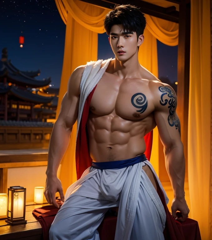 Chinese Men God, Mythology, Chinese odyssy, Handsome, Topless, Muscles, Athlete body, Full Frame, Sexy, Professional Lighting, Hanfu Outfit, Chinese Heaven Background, Bulge Underneathe brief Underwear, white transparent brief, Sexy tight  bulge form dick shape,   Hanfu Warrior, Hanfu God, Hanfu Male, Hanfu Nobel, Seduce, Sex Appeals,  Alafard man shirtless   carrying a backpack, muscular body, handsome,  manly,  inspirite by Zhang Han, Cai Xukun, Kim Do-young, Inspired by Bian Shoumin, Inspired by Xiao Yuncong, yihao ren, yanjun cheng, jinyiwei, inspired by Huang Gongwang, xintong chen, Jacket, wearing japanese loincloth,nice butts, Tattoo chest,  tattoo hands,  tattoo arms,  tattoo belly, clear studio light, ,   open  legs in M shape,  night ancient chinese Buddhism temple background,  detailed background, fantasy Chinese themed, the best resolution, 8k, Ultra fullHD, look at the viewer,  catching eyes, 
