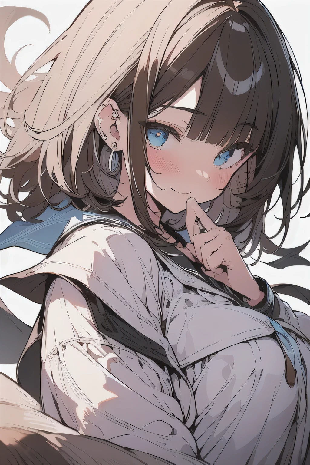 (best quality), (Super detailed), (Best Illustration), (masterpiece), (woman), own hands clasped, {(white serafuku:1.2)}, (large breasts:1.2), {brown hair, (sideburns), (bob cut:1.3), curly hair, hairs between eyes, colored inner hair}, {(detailed eyes), blue eyes}, seductive smile, blush, earring, wind, white background