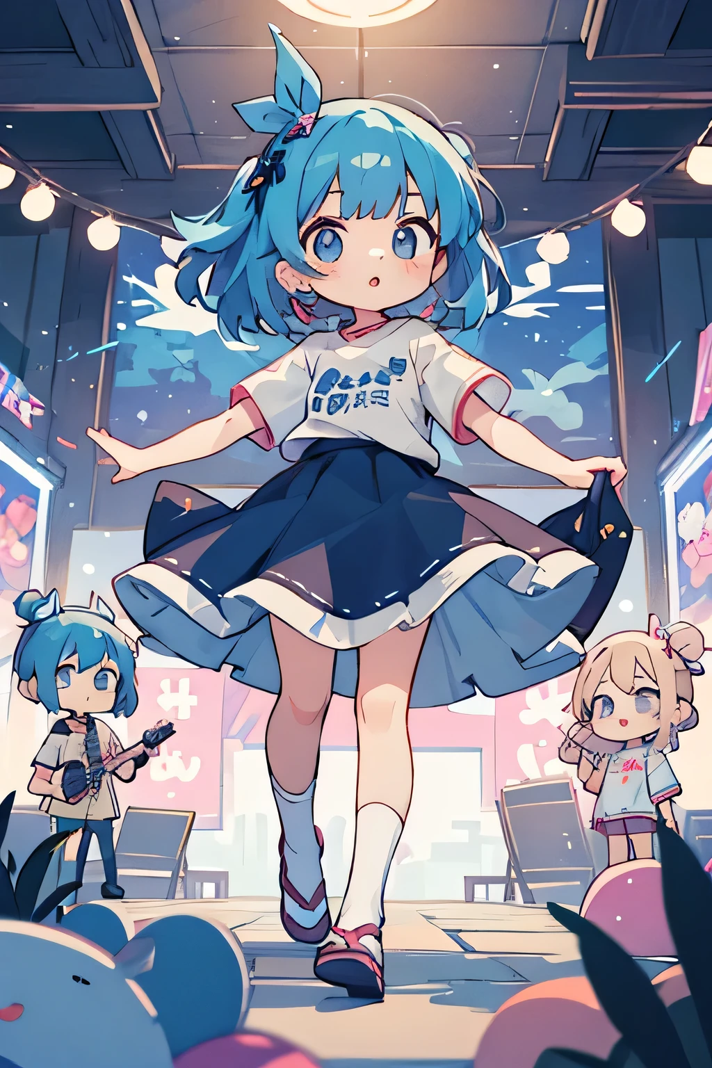 plastic, One girl, Chibi T-shirt,Blue Hair, Luxury Fabric,Harajuku Style, Dither, Profound, Looking at the audience,