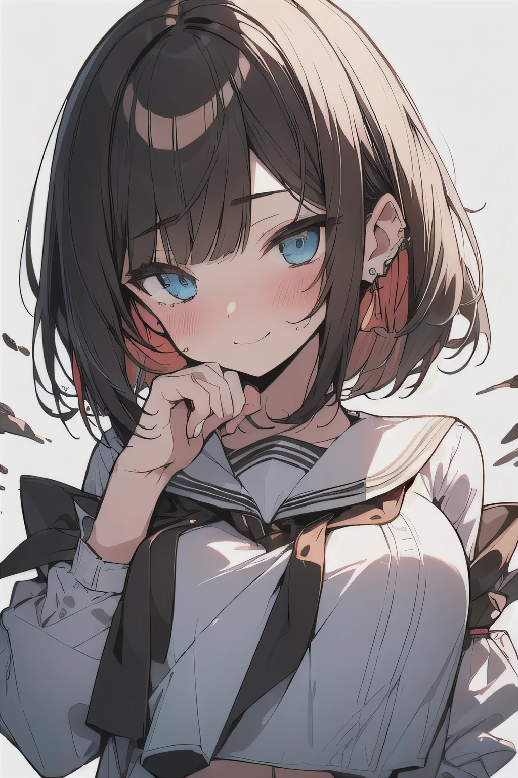 (best quality), (Super detailed), (Best Illustration), (masterpiece), (woman), own hands clasped, {(white serafuku:1.2)}, (large breasts:1.2), {brown hair, (sideburns), (bob cut:1.3), curly hair, hairs between eyes, colored inner hair}, {(detailed eyes), blue eyes}, seductive smile, blush, earring, wind, white background