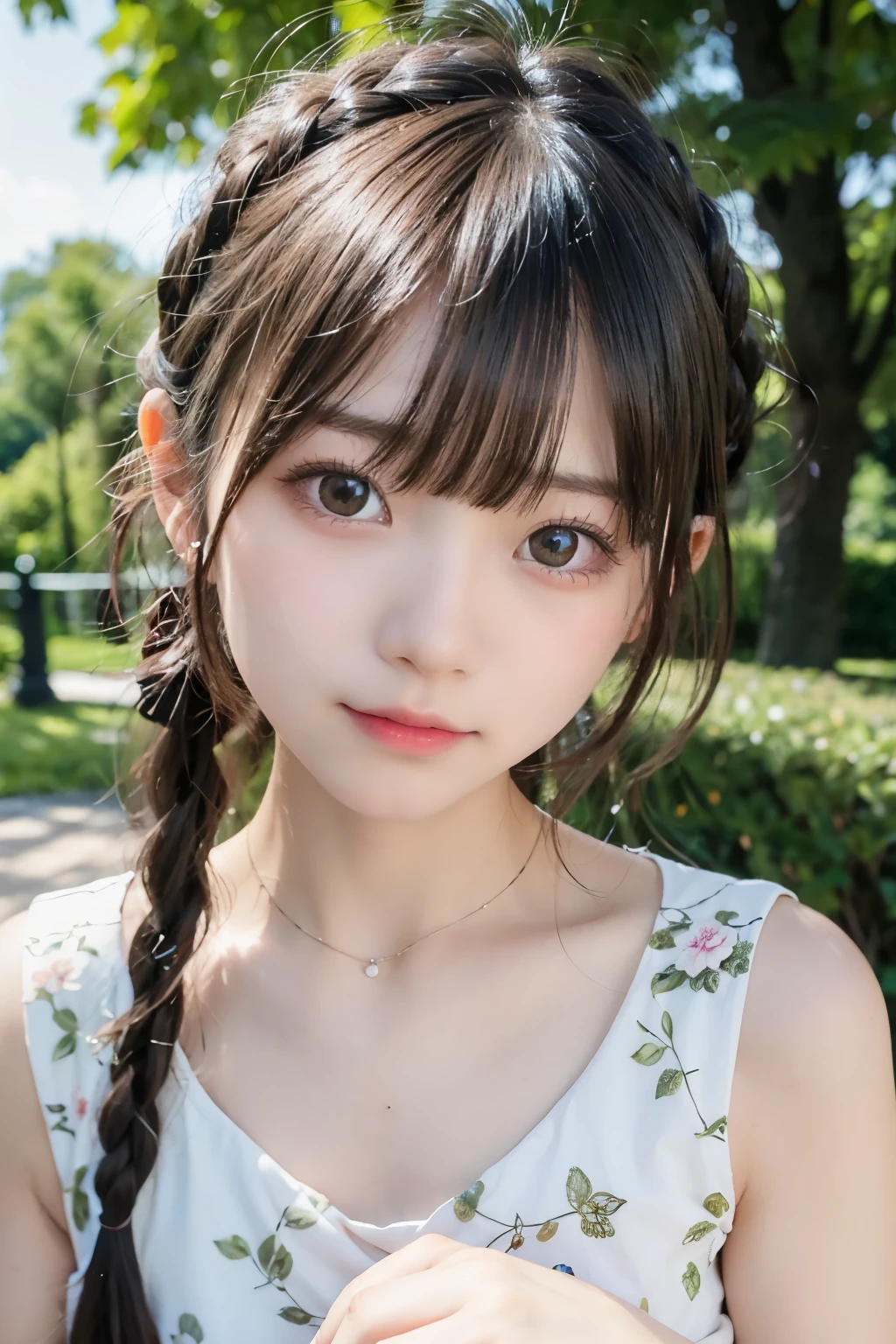 Ultra-high resolution、(Real:1.4)、、Beautifully detailed eyes and skin、A Little Smile、Light brown braided hair、Floral print dress、Green Park、Movie quality、dramatic、Dramatic composition、