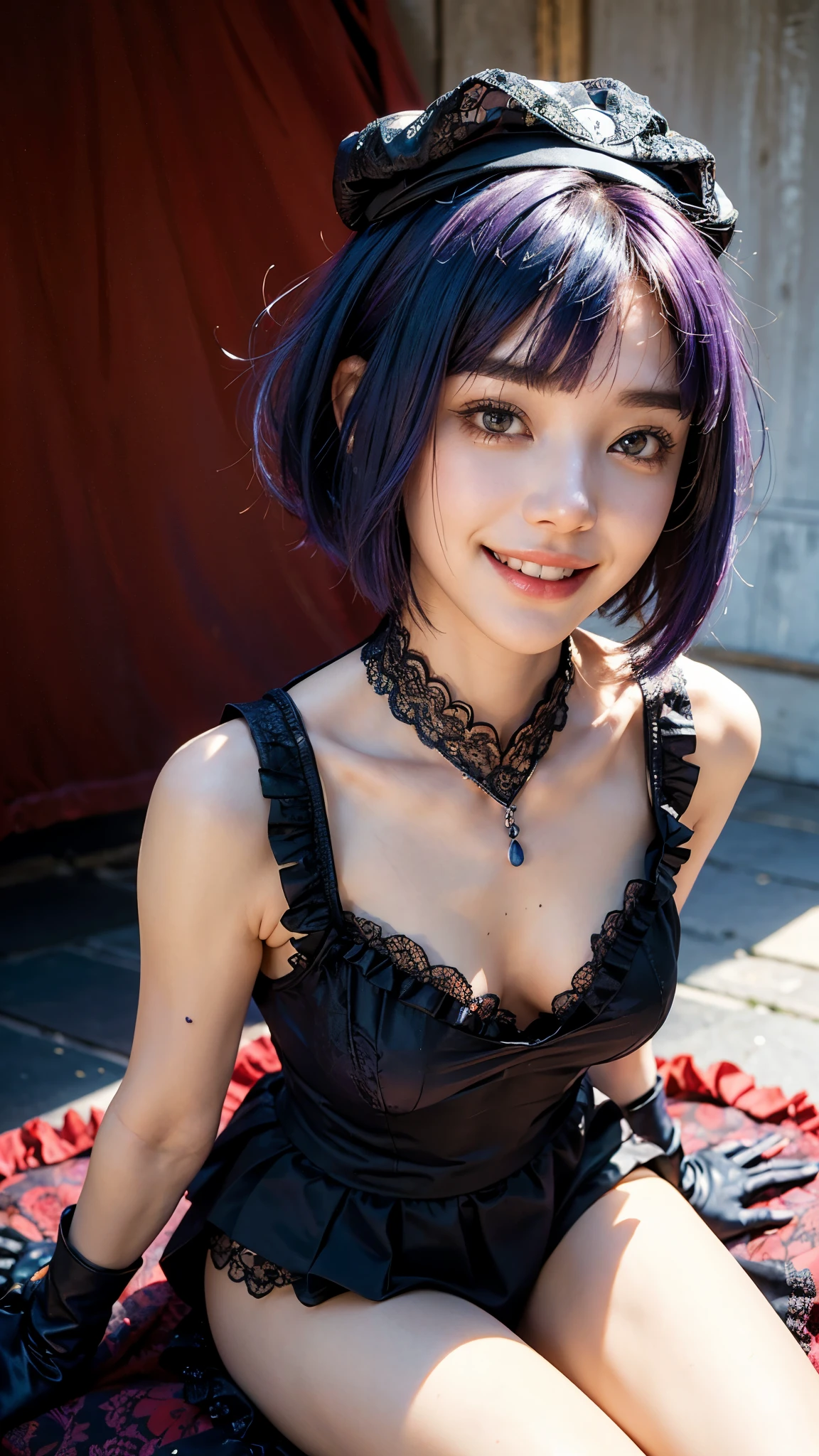 highest quality, masterpiece, Ultra-high resolution, (Realistic:1.4), (Portraiture) RAW Photos, 1 girl,22 years old((Detailed face)),(((座ったPortraiture)),((Red Random Background)),((Smiling with teeth showing)),((Big smile)),((Black boots and black lace gloves)),((Black sleeveless swimsuit with frill lace)),((White blouse under dress)),((Black Long Skirt)),((Short bob cut blue-purple hair)),((Cap Chestnut)),((Short bangs)),Realistic,Image Media Chest)),