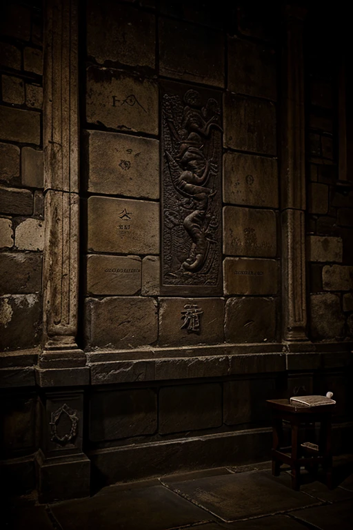 dark aesthetic ancient wall with dragon scriptures on it
