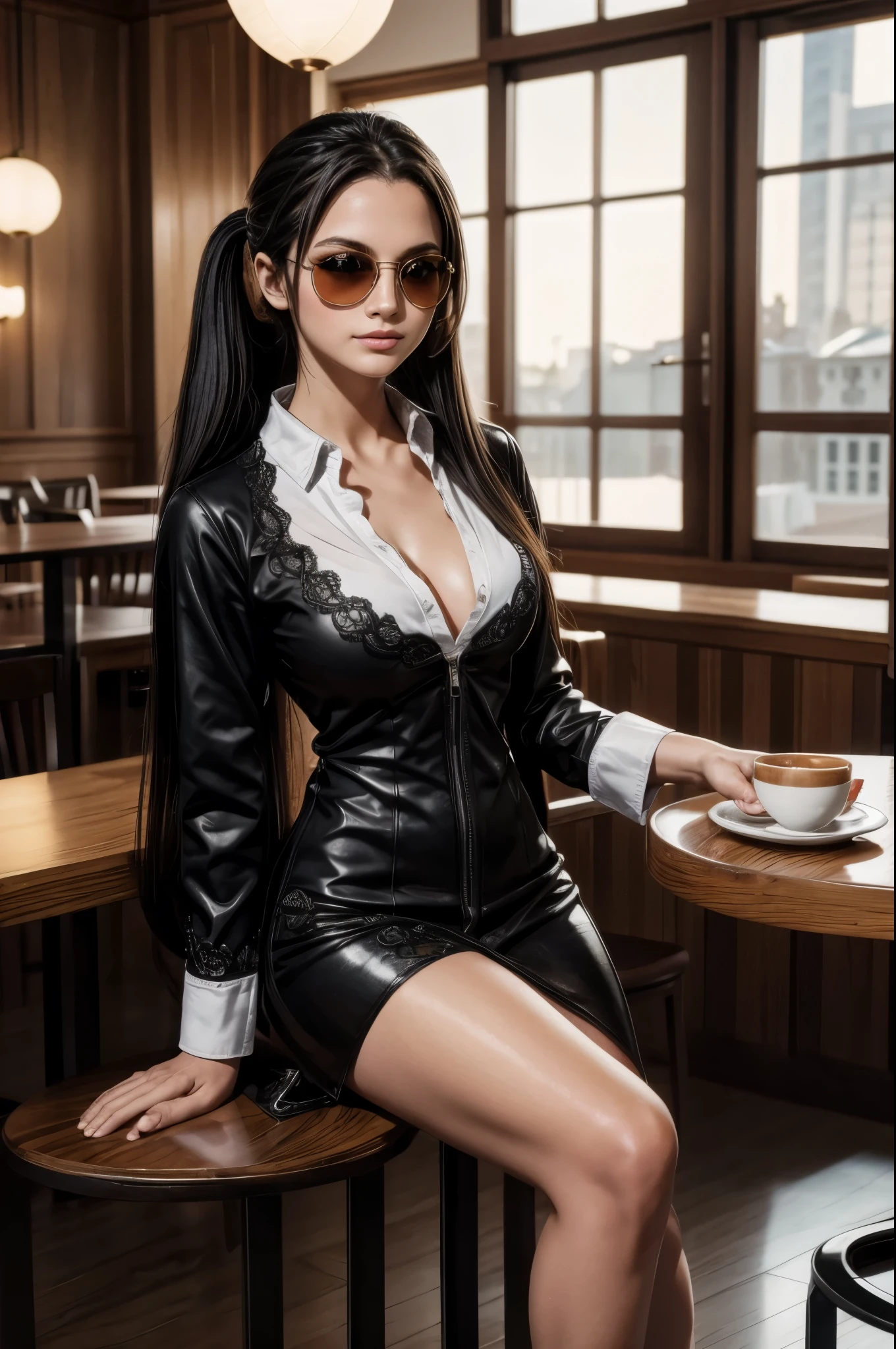 masterpiece, best quality, extremely detailed, hyperrealistic:1.1, photorealistic, a beautiful 20s russian model, ultra detailed face:1.1, twintails:1.1, black hair, clack long sleeve shirt, sunglasses on head:1.1, in luxurious cafe, in the night:1.1, sitting at table with a coffee cup:1.2, perfect hands, perfect fingers, half smile, lying
