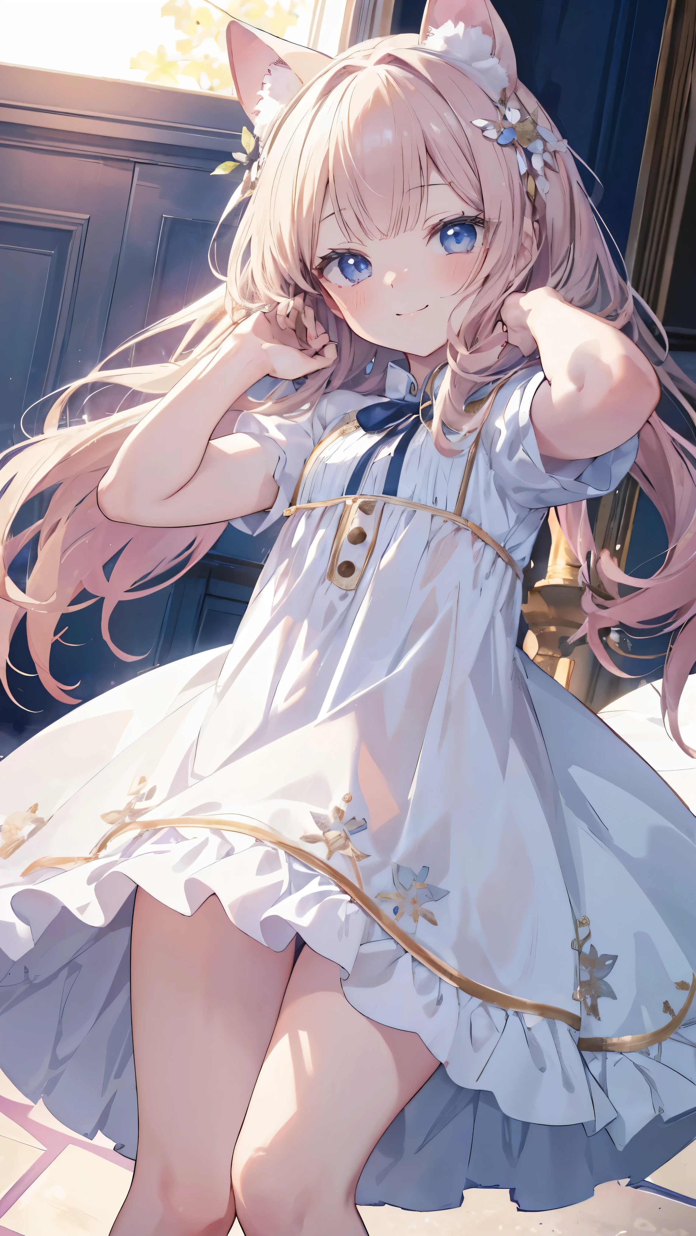 Masterpiece、Highest quality、highest quality、(((Girl)))、((((Petite))))、(smile)、Shiny hair quality、Small face、Dynamic pose、Super detailed, beautiful, wide eyes、Ultra-detailed, clear and beautiful faces、(cute illustration:1.2), High-resolution, ultra-detailed, best quality, embarrassed,Thighs