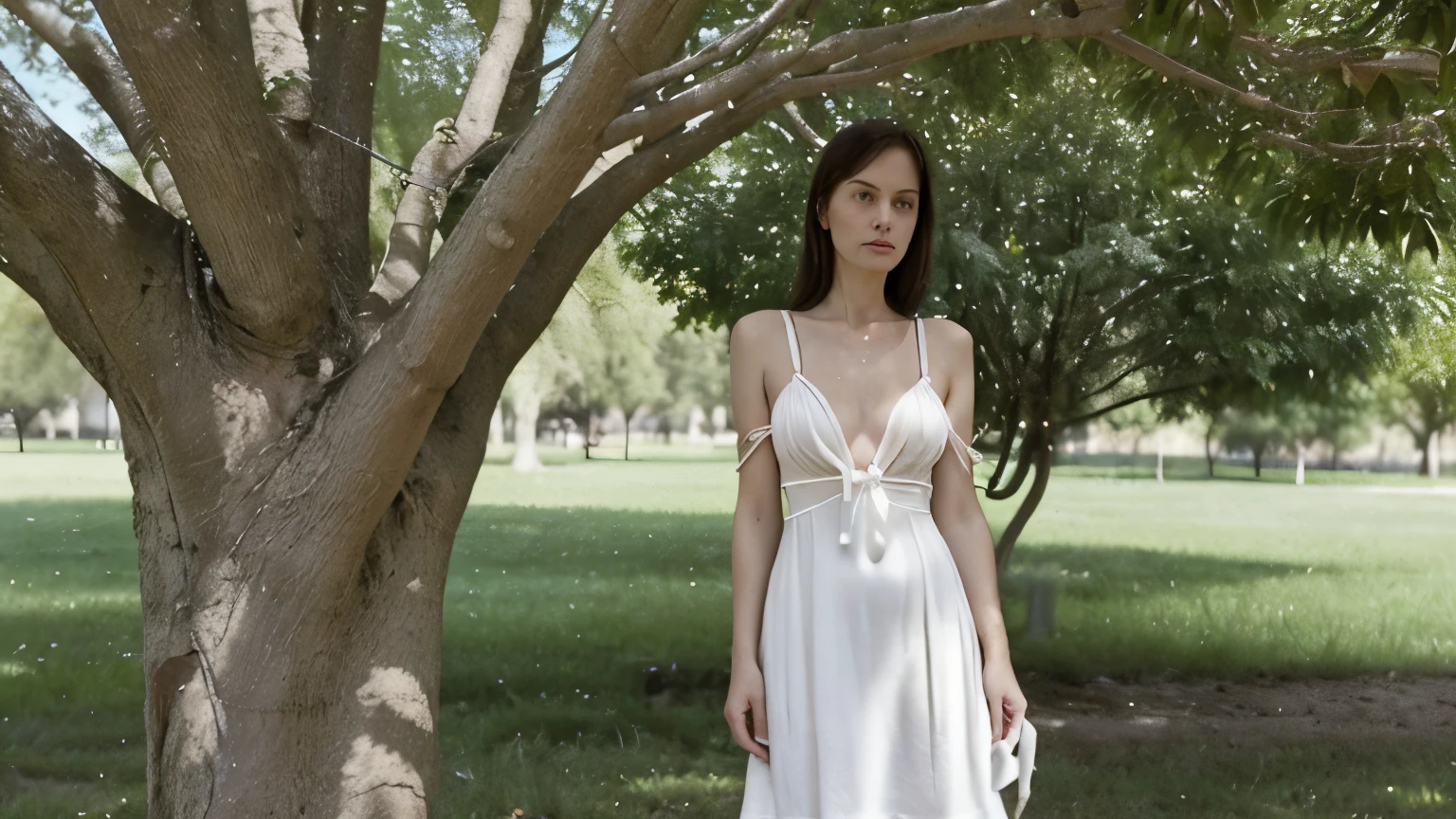 A thin mother wearing a white dress was tied up under a tree.