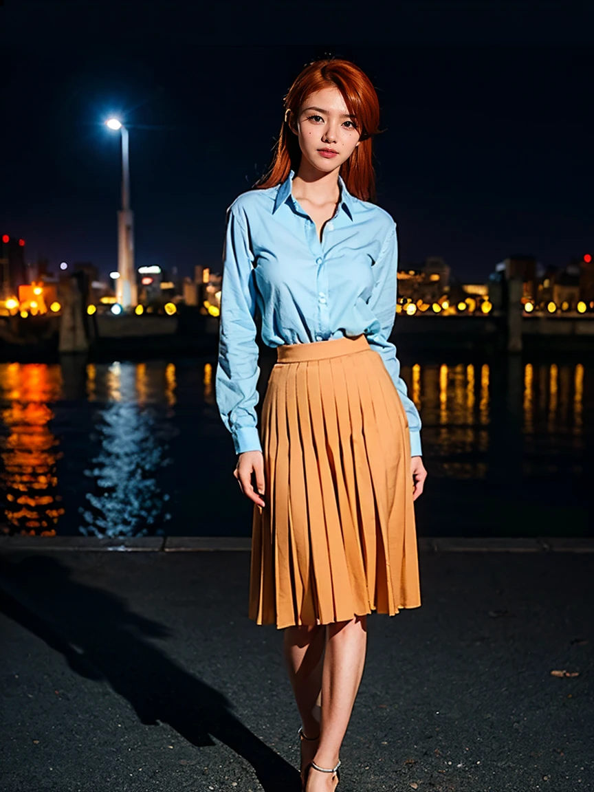(1 lady), (Best quality at best:1.4), (ultra - detailed), (extremely detailed CG unified 16k), A Beautiful Woman with Perfect Figure: 1.4, Sharp Focus: 1.2, very detailed, High-definition RAW color photo, professional photoshooting, amazing face and eyes, cosmetics, (amazingly beautiful girl), ((asuka)), ((shirt, pleated skirt)), standing, sexyposture,(Dark and stylish urban landscape, city lights, city lights:1.3), (look from down), realistic cinematic face, head to feet long wide zoomed out view, full body long view, photorealistic, ((realistic natural orange redhair style, blue eyes, long hair)), gorgeous, extremely beautiful face, perfect model beauty, pout mouth, Highly Detailed Face and Skin Texture, Detailed Eyes, Double Eyelids, Medium Breasts, Smile, cleavages, western, (masterpiece), best quality, high resolution, extremely detailed, blurred background, depth of field, cinematic lighting, amazing legs, high heels, clear and well-cared skin, (((woman occupies most of the picture)))