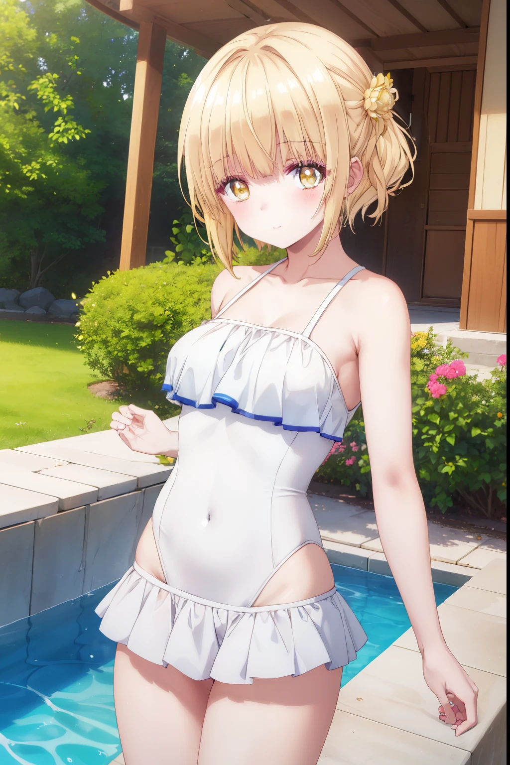 ((((ultra illustrated style:1.0)))),best quality,best animated,masterpiece,ray tracing, global illumination,frilled swimsuit,1girl,solo, looking at viewer,standing, outdoors, cowboy shot,hands on hips