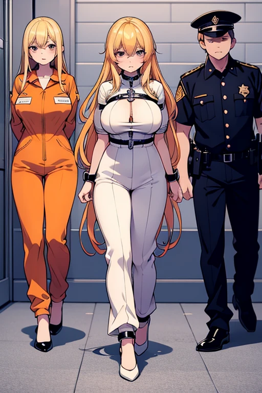 Long blonde hair, handcuffed, arrested, mature female, milf, big breasts ,40 years old , mommy character, orange prison jumpsuit, prisoner, waist chain, restraints 