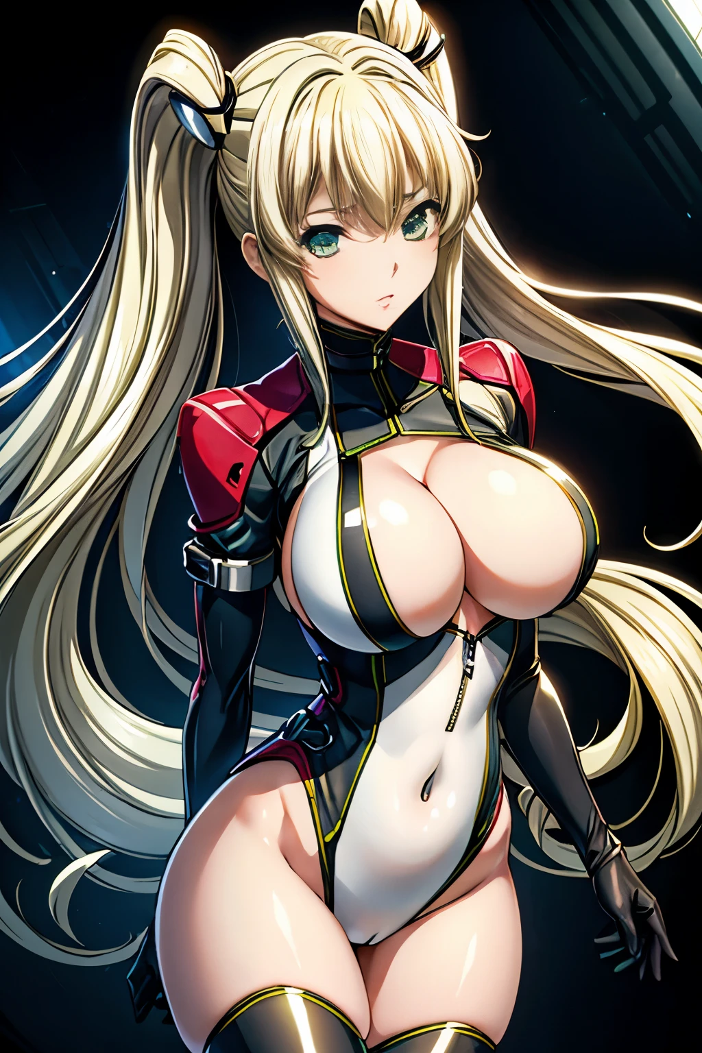 4K, masterpiece, 1 girl, Blonde, Twin tails, beautiful, Green Eyes, Improve, Compensate, Big Breasts, , Futuristic white surper tight suit、white Stockings,Cleavage、Navel showing、Full front zipper opening、 storehouse、Full body portrait、Sexy pose、Sexy Standing