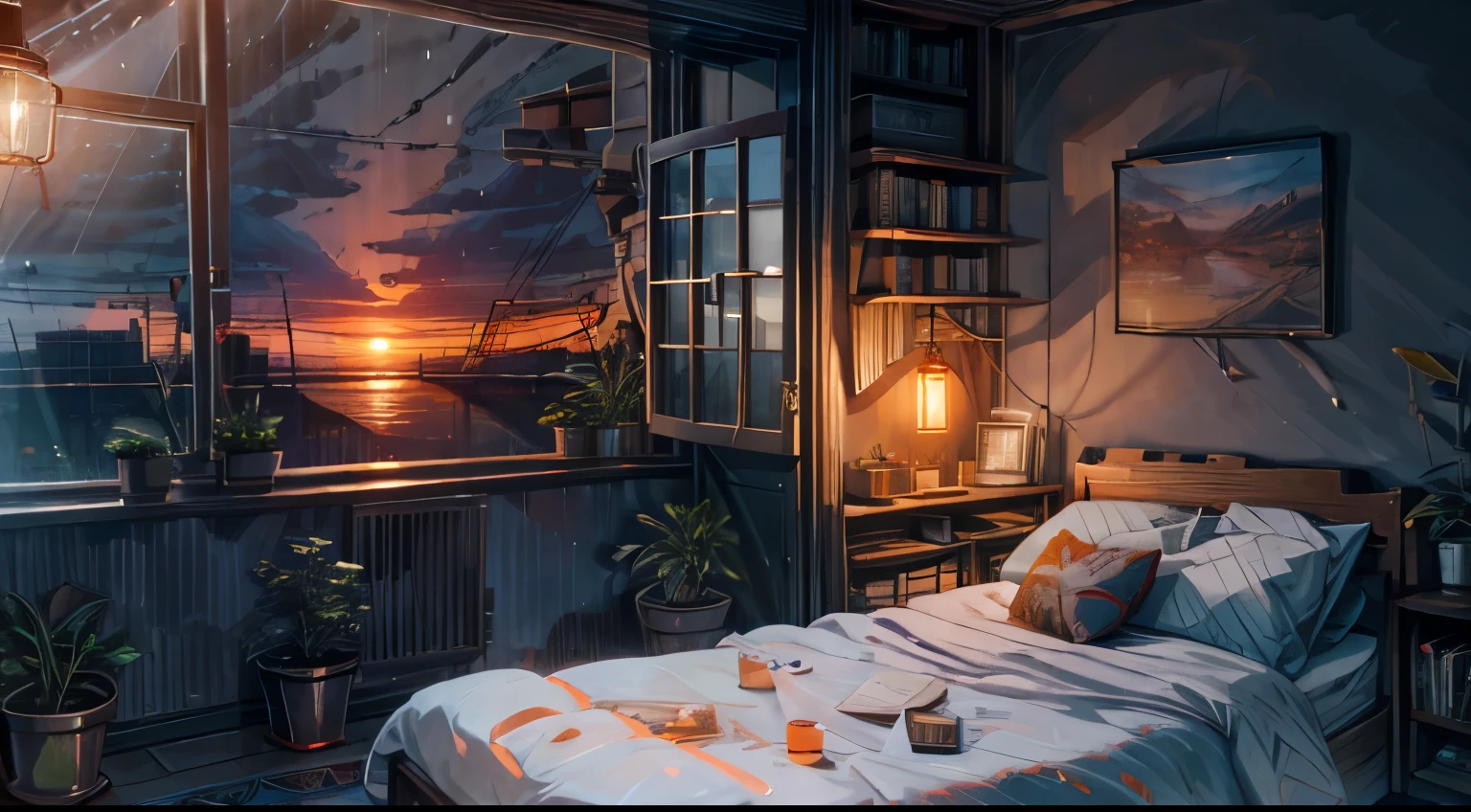 sunset, Wind up, river, room, Many books,Bohemian style, Pendant lamp, plant, Fairy Lights,Flower Pillar Bed,Quill pen, Floor lamps, ,comfortable, leisure, Chill, Big Window HD 8k, masterpiece, There are no humans in this landscape,Rain outside the window