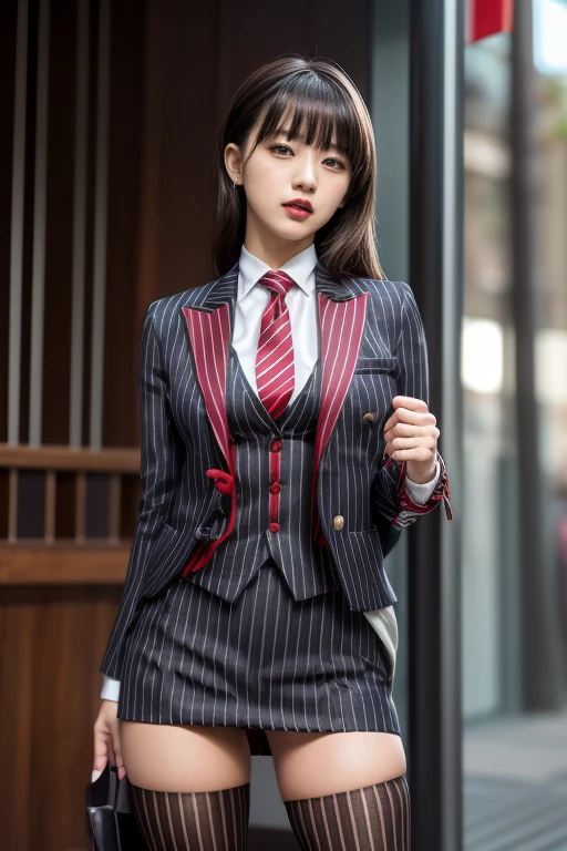 Set Skirt Pleated Short Skirt，Exposing your thighs。 Possession of a pistol, On alert, Ready for battle, Deserted Village, One girl, compensate, Silky Hair, Fully clothed, Skirt Suit, スーツとtie, (((Three-piece suit))), silk dress shirt, シャツとtie, tie, ((blazer)), ((Suit jacket)) ((No vest)), Bodycon mini skirt, pantyhose, tights, stockings, ((Red lipstick)), ((Pinstripe suit)), High heels, belt, tieピン, Pocket Chief, Tailored Suits