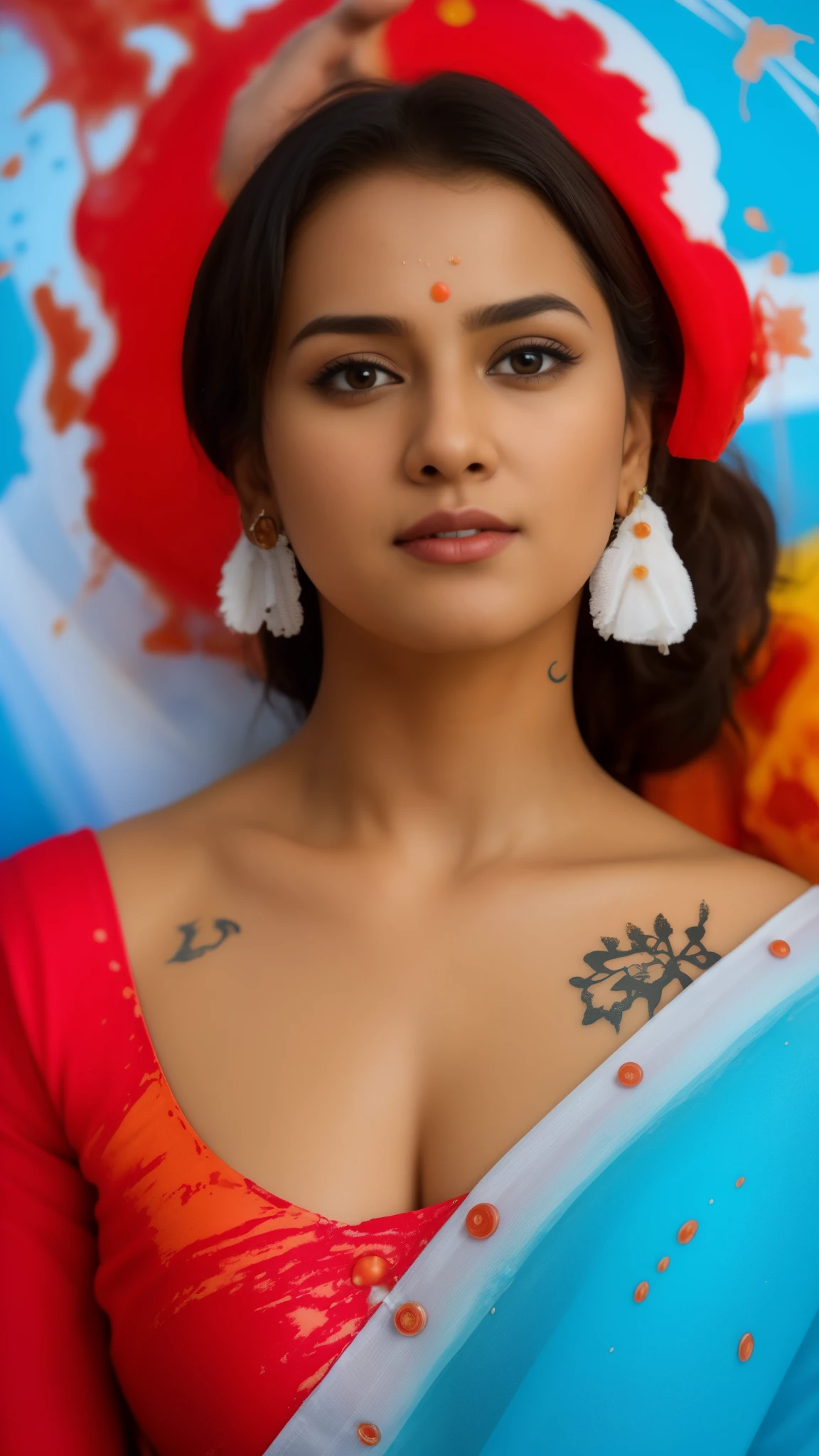 Day view, Close up photo of an Indian from above, (Masterpiece, Best Quality, High Resolution), Evening background, ((Paint Splash, Color Splash, Ink Splash, Color Splash)), Cute Indian female actress, Hourglass shaped body, Maroon lips, White T-shirt, Light makeup, Hyper realistic, Realistic, View of viewer (Cinematic:1.3), Intricate details, (ArtStation:1.2), Sitting on a bus