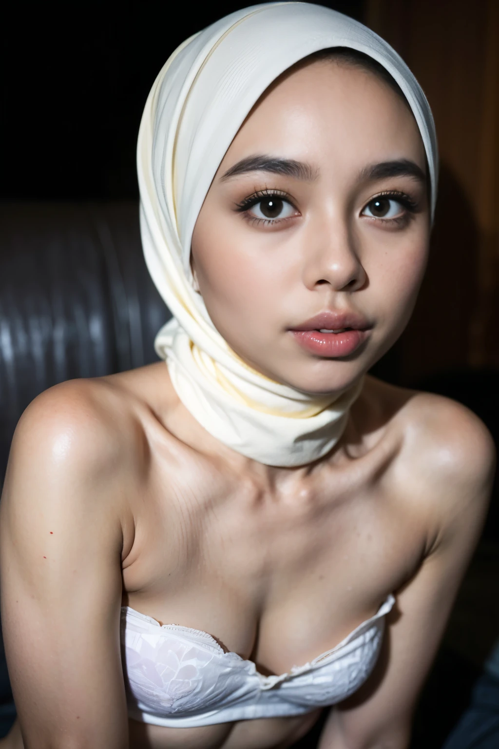 ((thick lips:1.7)), Lace, (Happy smile), (((HIJAB MALAY GIRL))), masutepiece, High quality, UHD 32K, Realistic face, Realistic skin feeling , A Japanese Lady, 8 years old, , Very cute and baby-like face, (((FLAT CHEST))), (Night time at forest), ((look In front  at the camera and SADNESS)), (((FLUORESCENCE))), (((CUTE GIRL))), ((PURPLE & YELLOW LIPS)), ((Floral Pattern)) little wearing strapless bra, strapless colorful bra, dark night horror scary place (from behind up) seductive pose