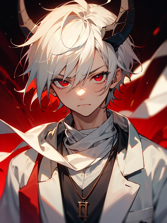 Masterpiece, best quality, expressive eyes, perfect face, 1boy, male focus, white hair, horns, streaked hair, short hair, red eyed, laboratory coat, necklace, scarf, bandages, frown