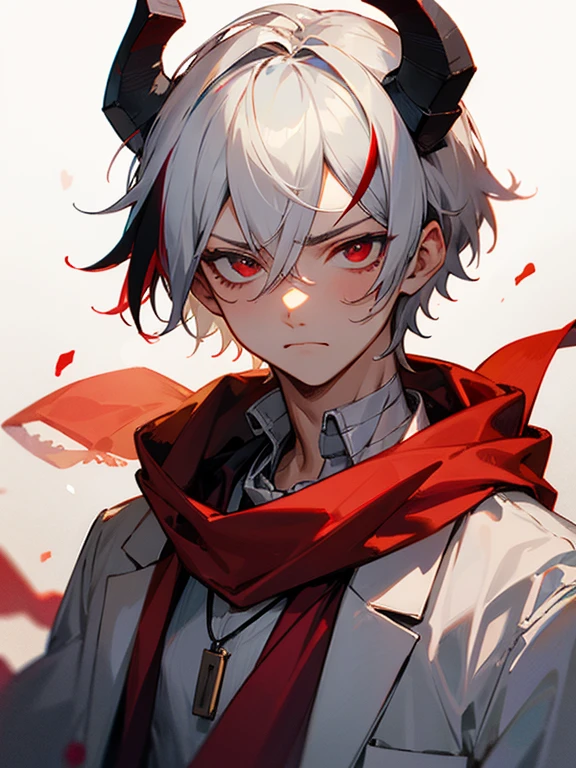 Masterpiece, best quality, expressive eyes, perfect face, 1boy, male focus, white hair, horns, streaked hair, short hair, red eyed, laboratory coat, necklace, scarf, bandages, frown