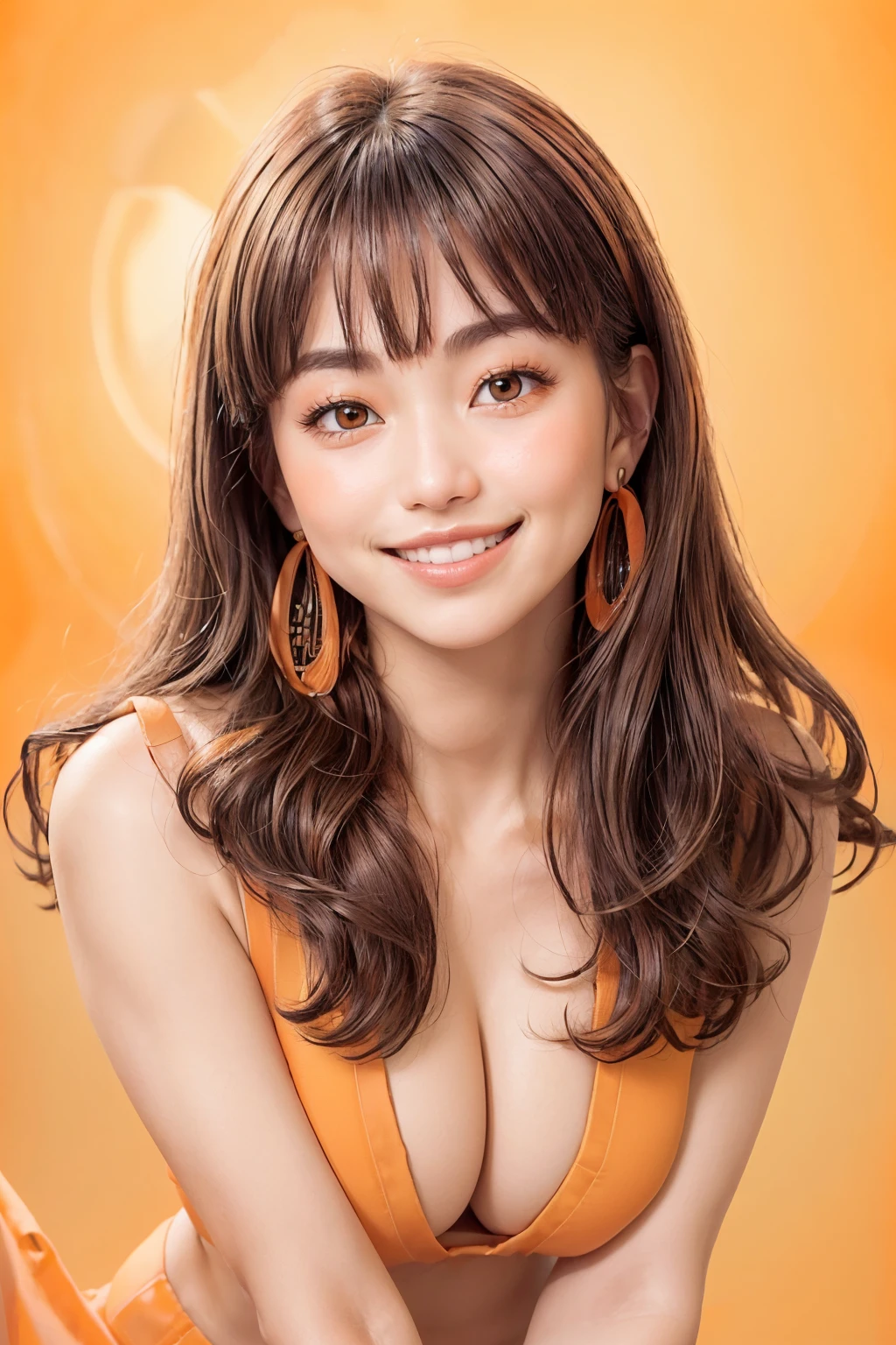 (software:1.8、masterpiece, highest quality),1 girl, alone, have, Realistic, Realistic, Looking at the audience, Light brown eyes, Black long hair with highly detailed shiny hair, long hair:1.8、Beautiful symmetrical face、Spring Clothes:1.6, Whity, lips, bangs, Outdoor, Mouth closed, Upper Body、Big eyes、eyelash、offshoulder、 ((Very simple light orange background:1.8))、(((Big eyes、big and full 胸、Looking at the audience、Beautiful beauty、Show me your ears、Long neck、smile)))、Ideal body type、((({Huge|big|Huge|Mega} Chest 2, Cleavage:2、Happy smile、Beautiful Teeth、)))、white bikini