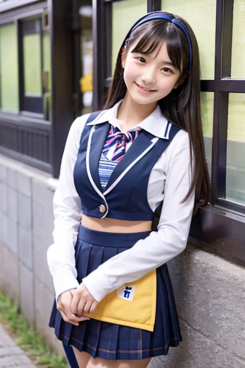 A 16-year-old high school student as cute as an idol、高校の制服はCleavageが見えるデザイン、Cleavage、mini skirt、I can see your pants、Young cute face、Smiling Kindly、Children's Day、whole body、RAW Photos、Genuine、Real、realism、Raw photo、High resolution、Life、No copyright notice