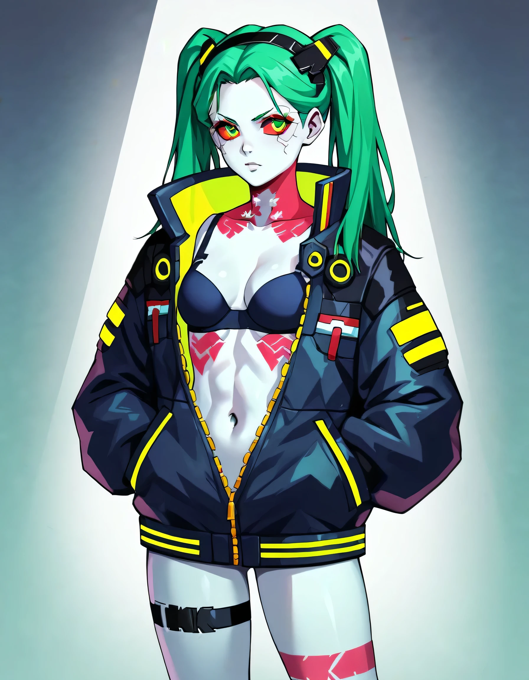 (score_9, score_8_up, score_7_up,highly detailed, max quality, ultrasharp, 8K,absurdres,masterpiece,max quality,high res),source_anime,Cyberpunk 2077,cyberpunk city, 1girl,rebecca, long hair, green eyes, green hair, colored skin, colored sclera, white skin, red sclera, artificial eye, mechanical eye, cyborg, red pupils,twintails, underwear, jacket, hairband, bra, black jacket, tattoo, black hairband, black bra, leg tattoo, partially unzipped, neck tattoo,