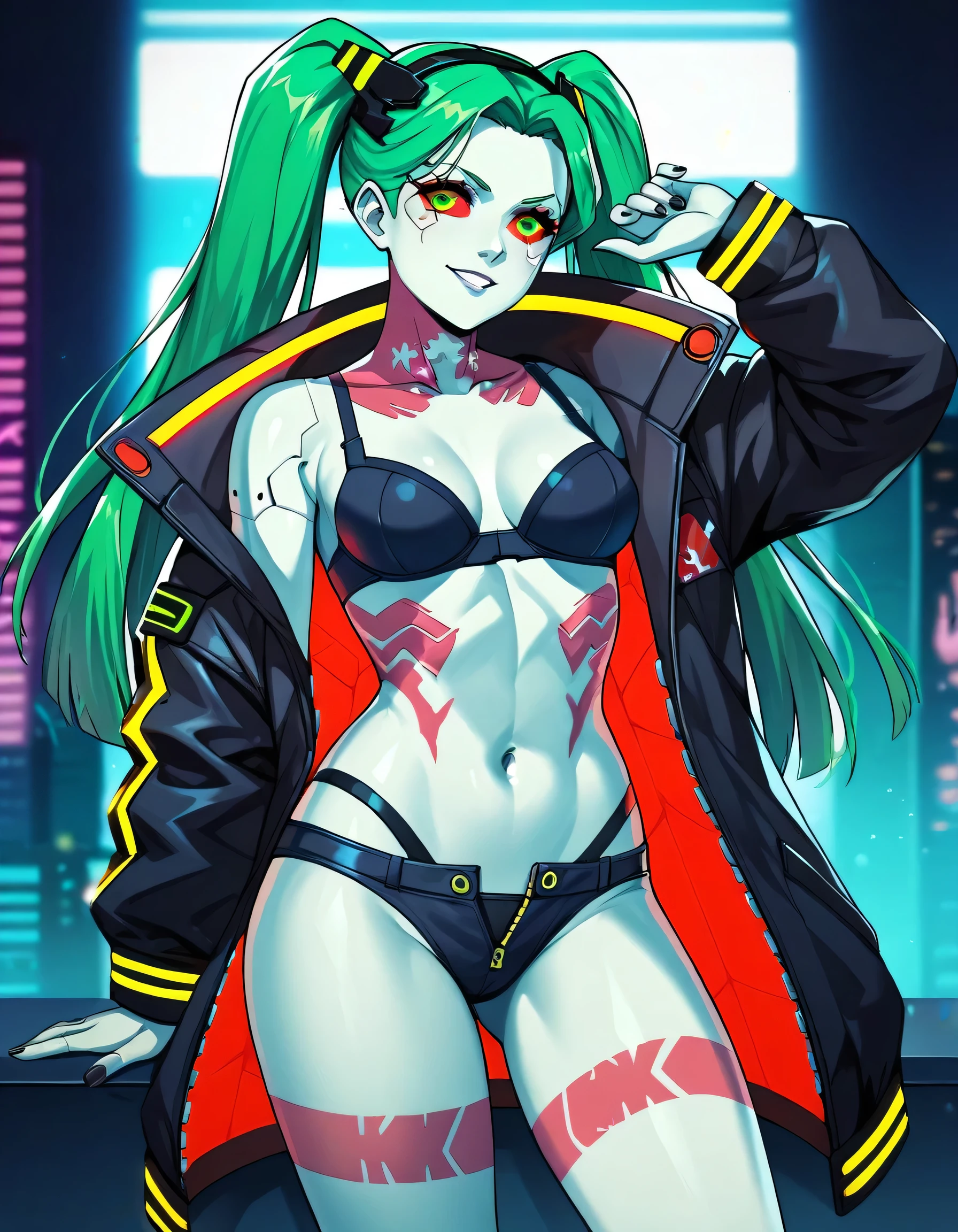(score_9, score_8_up, score_7_up,highly detailed, max quality, ultrasharp, 8K,absurdres,masterpiece,max quality,high res),source_anime,Cyberpunk 2077,cyberpunk city, 1girl,rebecca, long hair, green eyes, green hair, colored skin, colored sclera, white skin, red sclera, artificial eye, mechanical eye, cyborg, red pupils,twintails, underwear, jacket, hairband, bra, black jacket, tattoo, black hairband, black bra, leg tattoo, partially unzipped, neck tattoo,