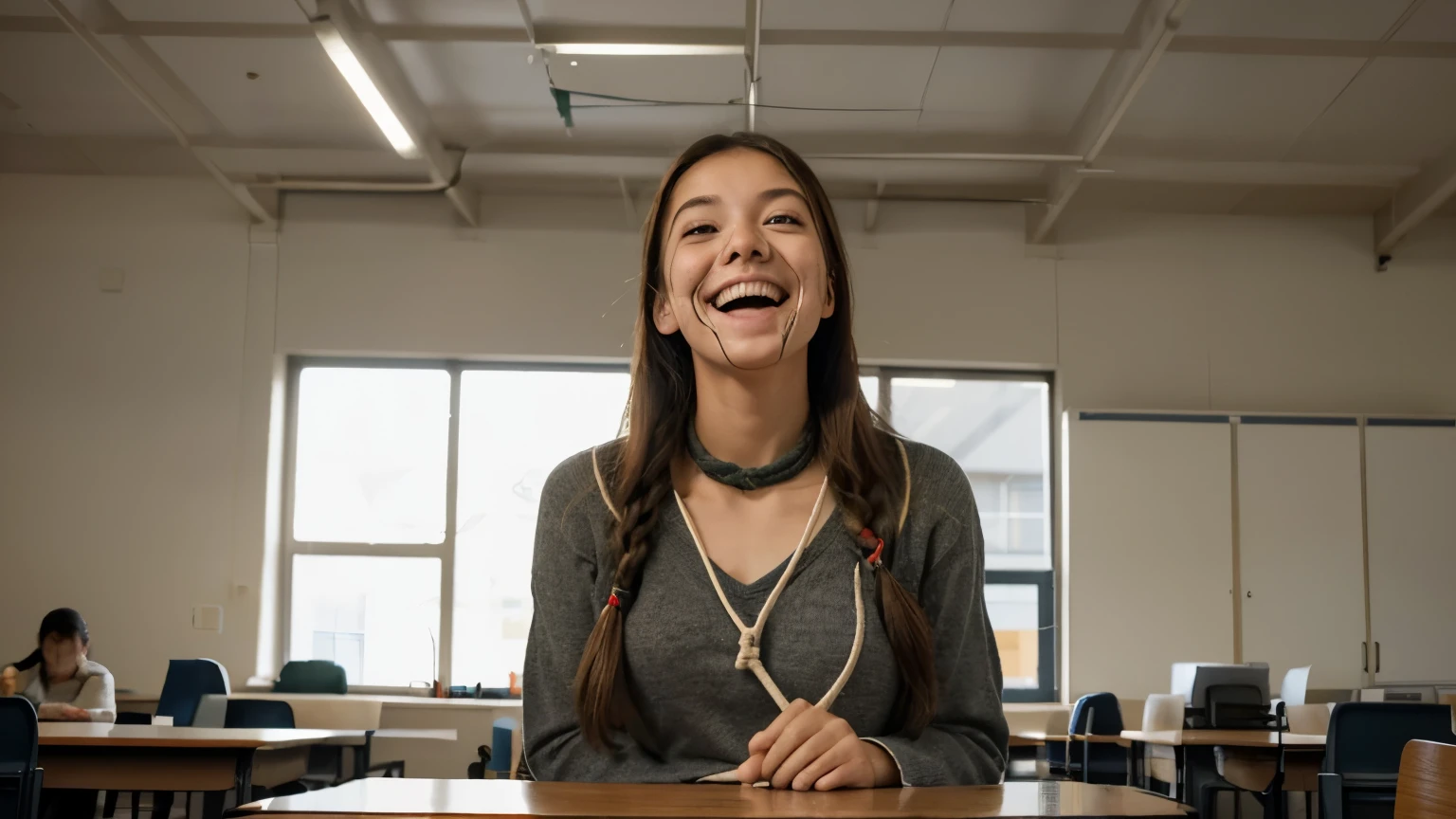 Create an image of a samon from university psychology classes, where the students sitting on their desks are very afraid and perplexed, their mouths are gagged with ropes and around their necks there are visible ropes hanging from the ceiling. The students have matching clothes and the psychology teacher has a happy face, odio dando la clase.