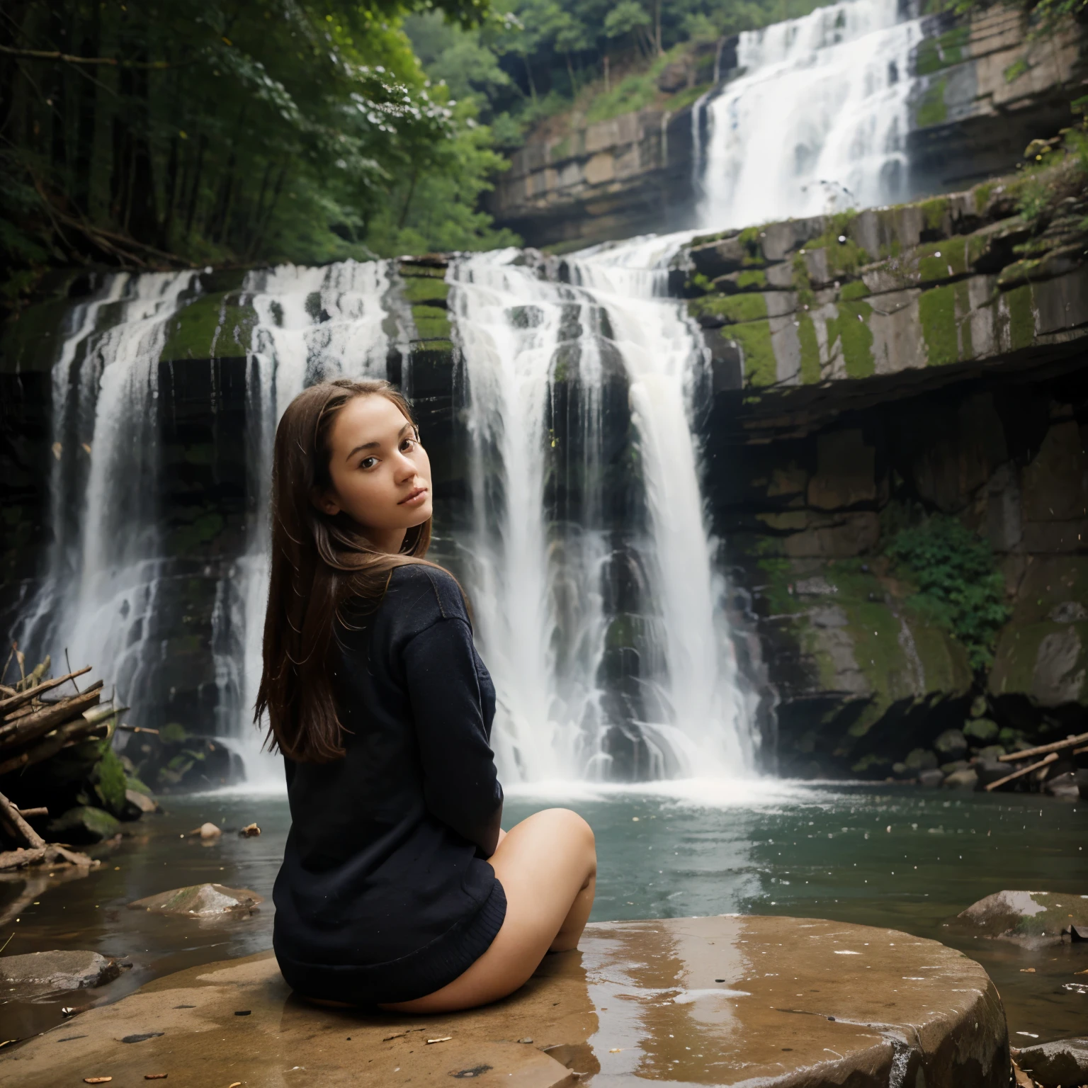 a girl sitting and behind her is a falls