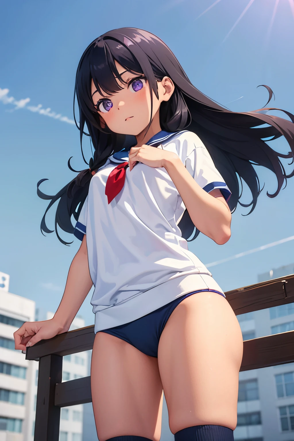 Schoolyard Elementary school girl, Flat chest, black hair, long hair, purple eyes White upper body gym clothes Navy blue thick panties((I can see her panties)) White socks sneakers Schoolyard Standing Dynamic angle Low angle