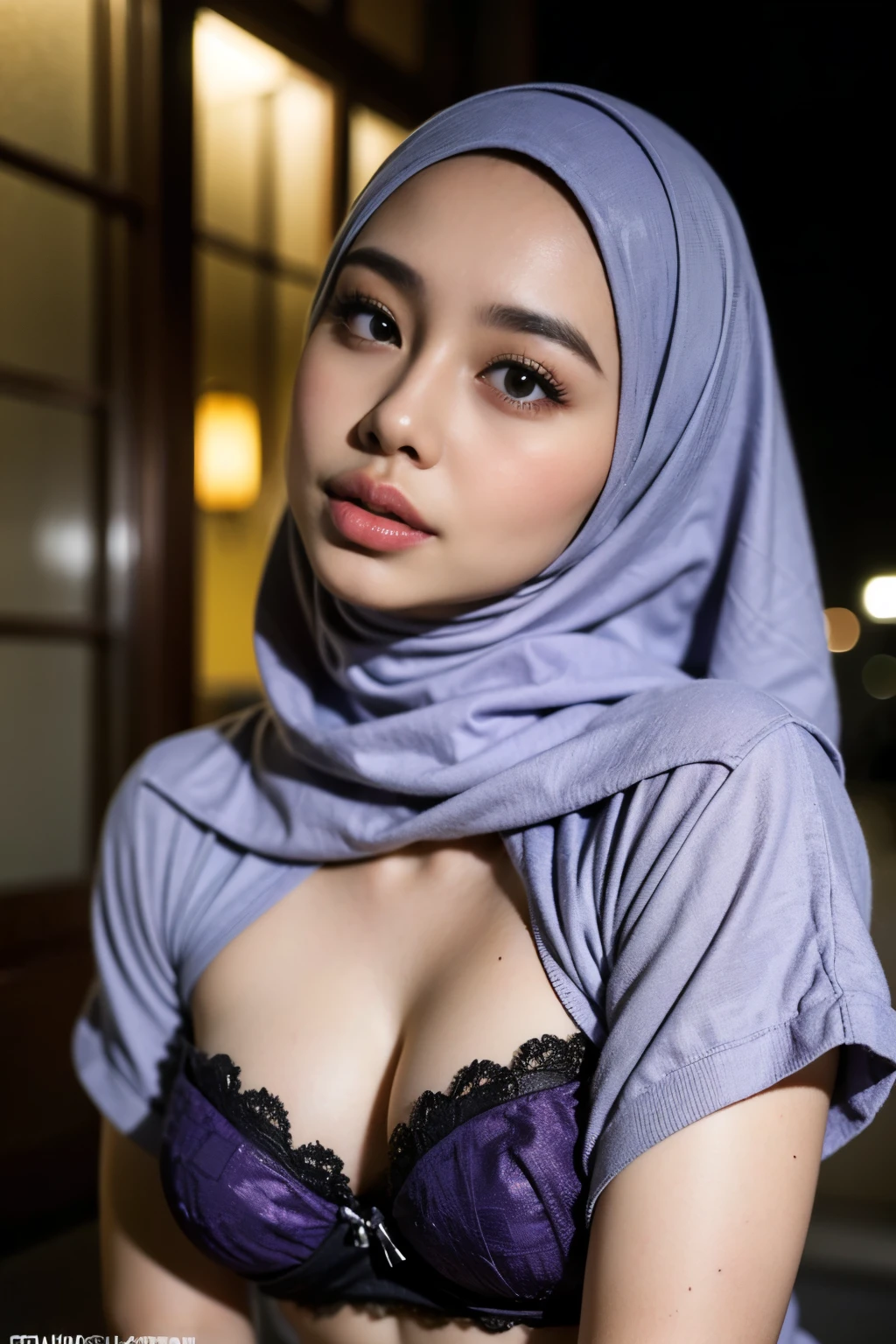 Girl, big boobs, grey hijab, long hair, violet, lingerie, lay, handsup, candle