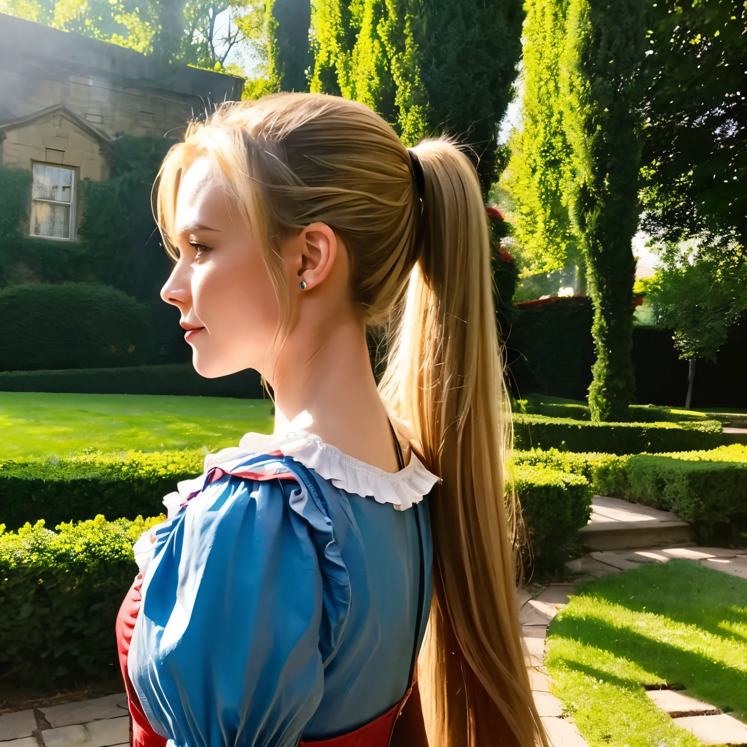 alice in wonderland,forehead,light blond,old house,sunshine,J.W.waterhouse, ponytail hair,John Tenniel,fire