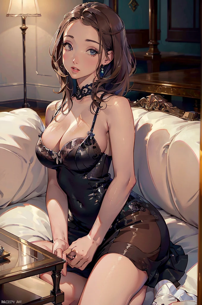 (best quality,4k,8k,highres,masterpiece:1.2),ultra-detailed,(realistic,photorealistic,photo-realistic:1.37),beautiful detailed eyes,beautiful detailed lips,extremely detailed face,long eyelashes,(1girl:1.1),slinky small dress,teasing,sultry,intense,upscale living room,soft lighting,velvet textures,subtle shadows,rich colors,polished marble floor,expensive furniture,elegant decor,vibrant atmosphere