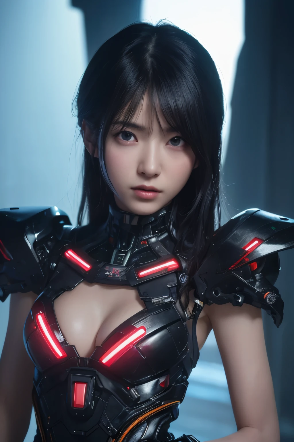 top quality, masterpiece, Ultra-high resolution, (Reality: 1.4), original photo, 1 cyberpunk girl, Black Hair, Smooth skin, 1.Mechanical Girl, (Ultra-realistic details)), whole body, Global Illumination, contrast, shadow, Octane Rendering, 8k, Extremely sharp, Cleavage exposed, Rawhide, Metal, Exquisite decorative details, Japan Details, Very intricate details, realistic light, CGSoation trends, face camera, Neon details, Mechanical limbs, Blood vessels connected to the tubes, A mechanical vertebrae attached to the back, Mechanical neck fixation device, Wires and cables to the head, Gundam, Small LED lights.