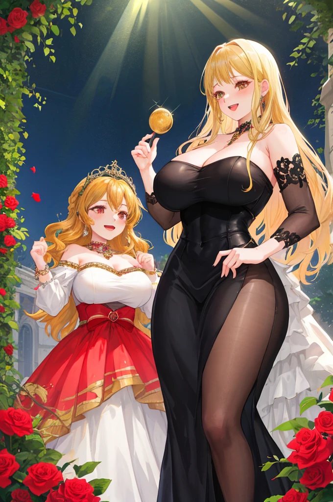 A woman with big ，Gorgeous woman，((Exposing idols))，(Middle-aged woman)，((30 years old))，Gorgeous Rococo dress，Long blond hair，Smooth underbust，Exquisite，rose Garden，Laughter，