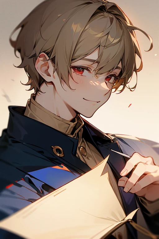 Beautiful boy、male、Calmness、A face that feels young、Adult atmosphere、shirt、Navy blue coat、rough、smile、Beige hair、Short Hair、Side hair、Red Eyes、philosophical、quiet、writer