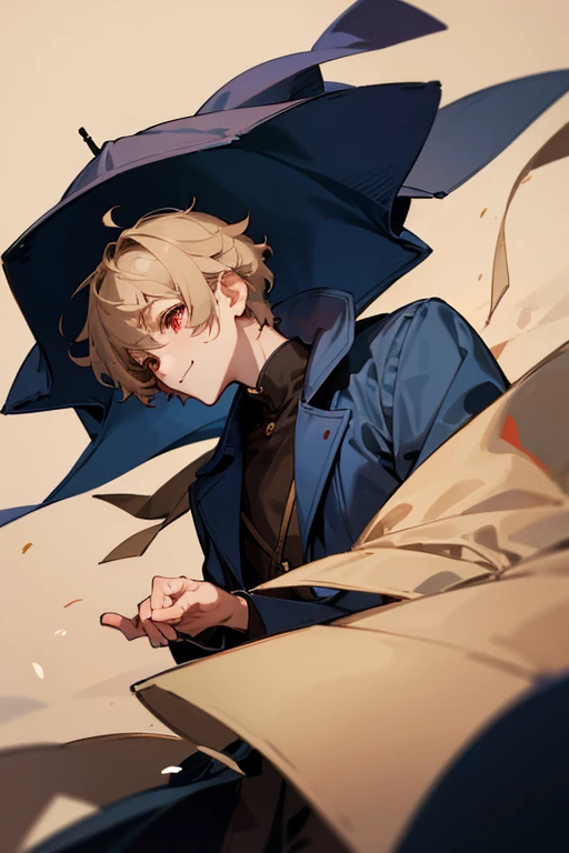 Beautiful boy、male、Calmness、A face that feels young、Adult atmosphere、shirt、Navy blue coat、rough、smile、Beige hair、Short Hair、Side hair、Red Eyes、philosophical、quiet、writer