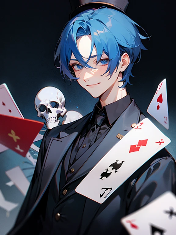 Masterpiece, best quality, expressive eyes, perfect face, 1boy, male focus, skeleton face, blue eyes, blue hair, short hair, smile, bowler hat, gentleman suit, cards, dice, upper_body