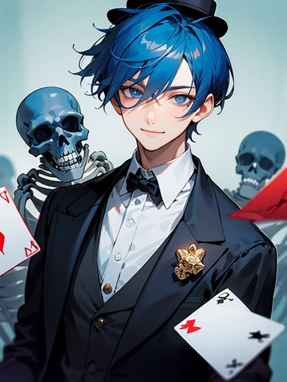 Masterpiece, best quality, expressive eyes, perfect face, 1boy, male focus, skeleton face, blue eyes, blue hair, short hair, smile, bowler hat, gentleman suit, cards, dice, upper_body 