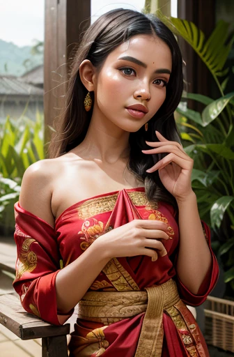 (best quality,4k,8k,highres,masterpiece:1.3),ultra-detailed,(realistic,photorealistic,photo-realistic:1.37), Beautiful Balinese girl in traditional red attire and Balinese sash (selamban), Giving a peaceful "Om Swastiastu" gesture in front of Mount Agung, Detailed face with expressive features, vivid red clothing, intricate Balinese patterns, traditional offerings in hands, serene expression, simplistic yet beautiful background, volumetric lighting, natural elements of Bali, rice paddies, lotus flowers, exotic birds, lush greenery, authentic Balinese culture. 3D Octane rendering, ray tracing, super detailing viewer, full-body.