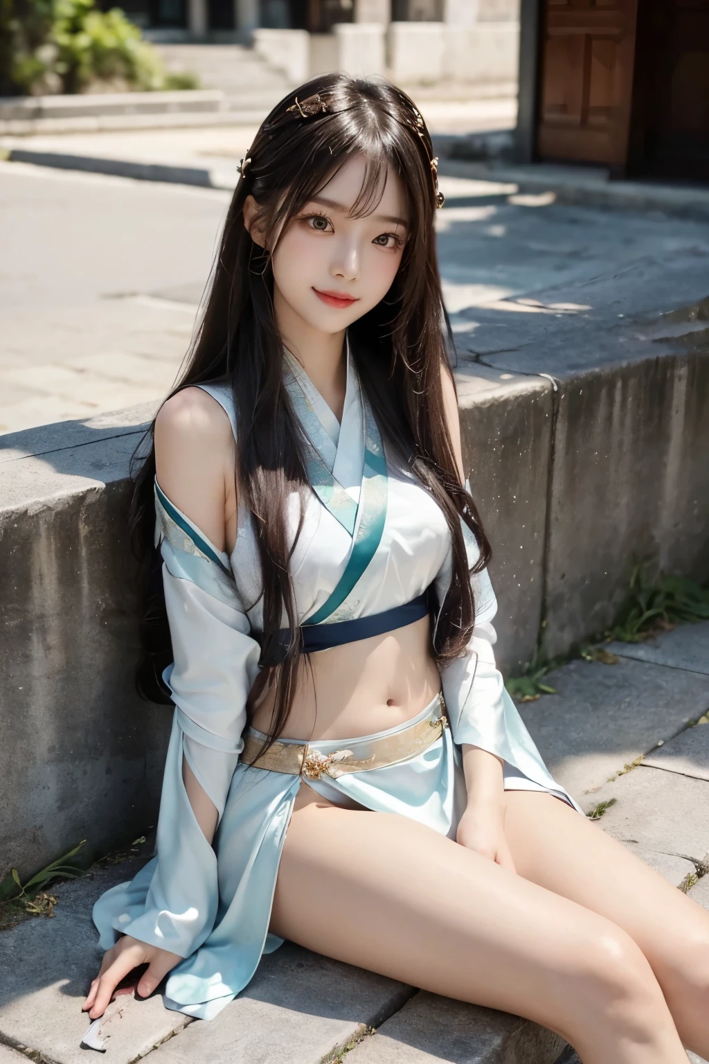 ((high-level image quality))、(Like a shot with an SLR)、beautiful a girl, ((glamour sensual body))、 Beautiful legs, ((2pieces   hanfu)), take a slit in the clothes on the thigh、fantasy background, sitting, navel exposed, little smile, (light is in front of the girl), ((bright shiny face without shadows)),((slender body))
,Place both hands between your legs