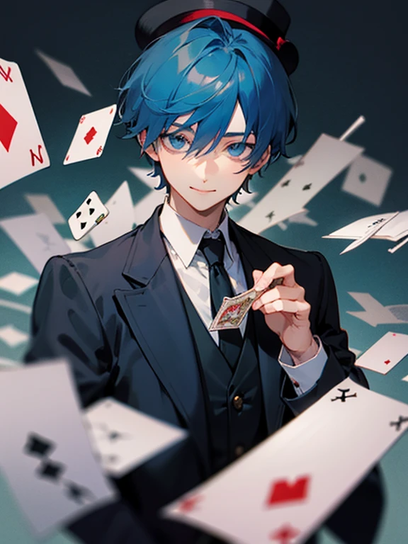 Masterpiece, best quality, expressive eyes, perfect face, 1boy, male focus, blue eyes, blue hair, short hair, smile, bowler hat, gentleman suit, cards, dice, upper_body