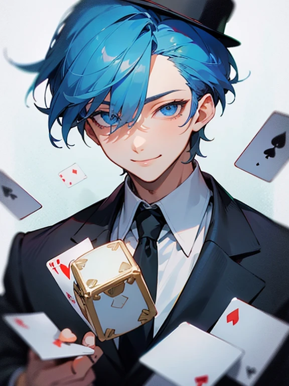 Masterpiece, best quality, expressive eyes, perfect face, 1boy, male focus, blue eyes, blue hair, short hair, smile, bowler hat, gentleman suit, cards, dice, upper_body