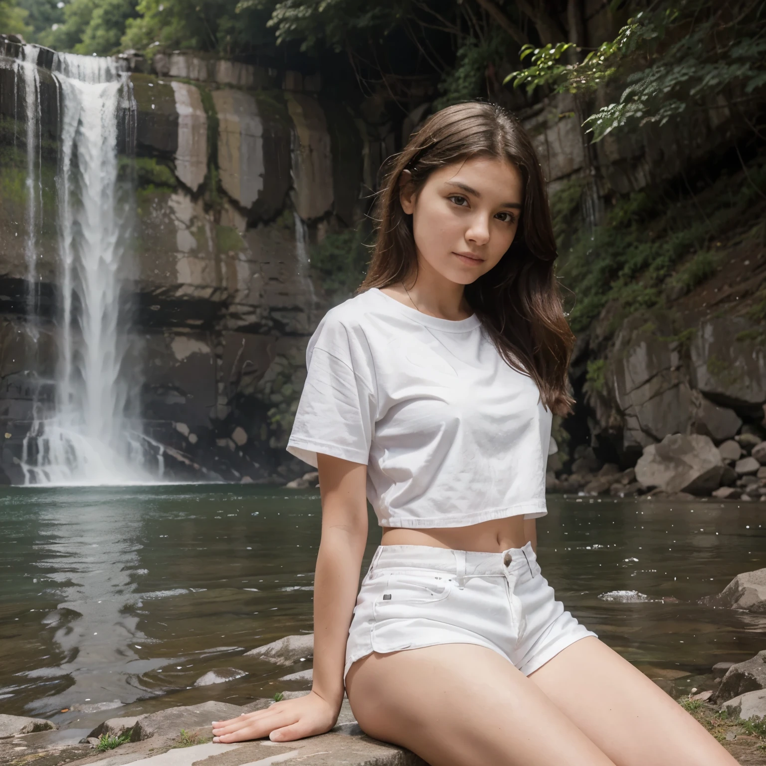 In front of a falls there is a girl sitting facing in front and she is wearing a white shirt and white shorts