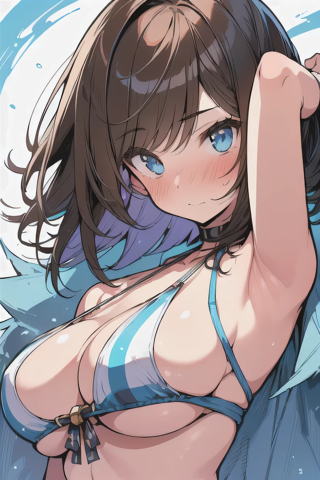 (best quality), (Super detailed), (Best Illustration), (masterpiece), (woman), arms up, (striped bikini), (large breasts:1.2), {brown hair, (sideburns), (bob cut:1.3), curly hair, hairs between eyes, colored inner hair}, {(detailed eyes), blue eyes}, embarrassed, blush, earring, wind, white background