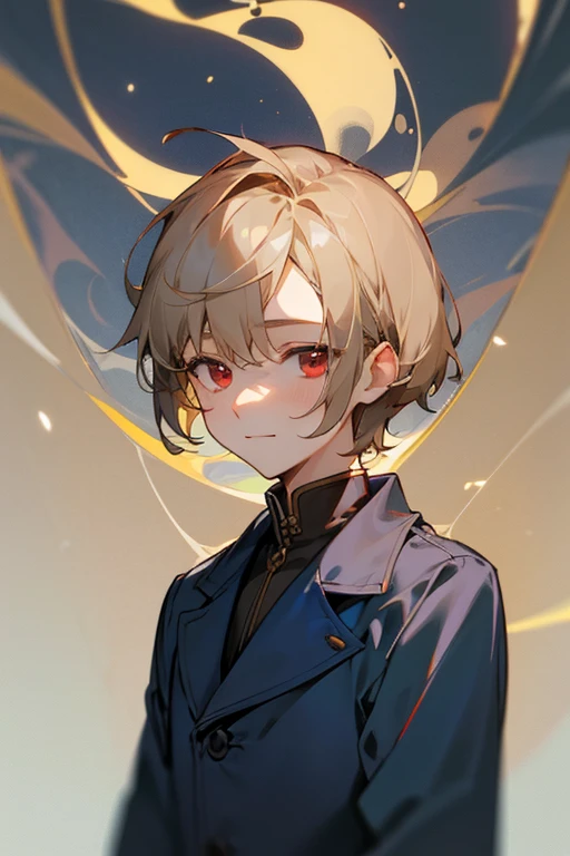 Beautiful boy、male、Calmness、A face that feels young、Adult atmosphere、shirt、Navy blue coat、rough、smile、Beige hair、Short Hair、Slightly longer side hair、Red Eyes、philosophical、quiet、writer、dim、Faintly eerie