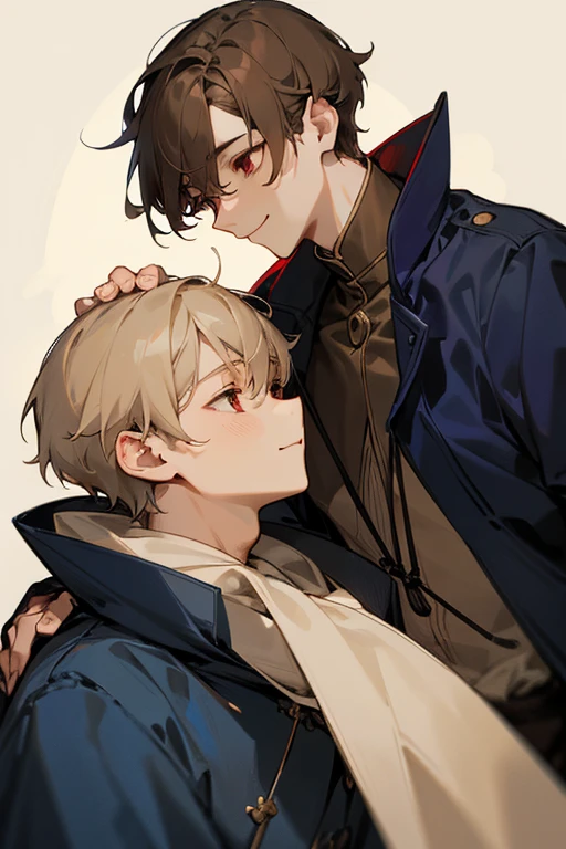 Beautiful boy、male、Calmness、A face that feels young、Adult atmosphere、shirt、Navy blue coat、rough、smile、Beige hair、Short Hair、Slightly longer side hair、Red Eyes、philosophical、quiet、writer、dim、Faintly eerie